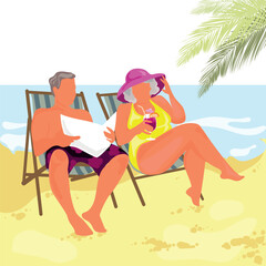 Obraz na płótnie Canvas Old people on loungers drinks cocktail and relax on sea beach.Elderly couple retired grandparents summer activity.Senior persons sunbathe together on travel vector illustration.Summer vacation concept