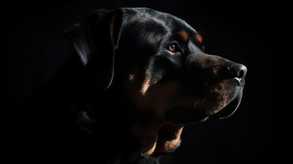 A Rottweiler, its dark coat gleaming under the soft sunlight, radiating an aura of bravery and strength