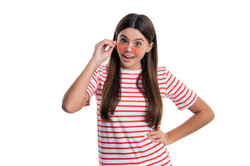Obraz na płótnie Canvas photo of amazed summer teen girl wear striped clothes. summer teen girl wear striped shirt