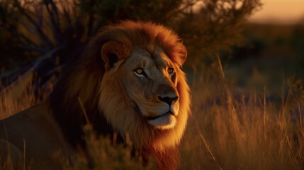 A majestic lion, its golden mane illuminated by the fiery African sunset