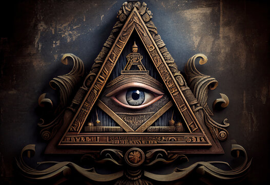 red rimmed Eye of Providence, All-Seeing Eye of God in triangle, ancient masonic symbol Generative AI