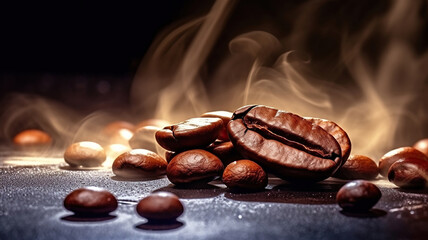 hot coffee bean accompanied with smoke and smoke. Generative Ai