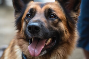 close-up of dog's face, with its tongue hanging out and eyes shining, created with generative ai