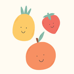 Childish print with retro fruits. Vector illustration. Groovy print with pineapple, orange, strawberry.