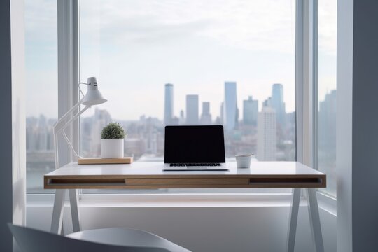 minimalist home office setup with sleek desk, minimalist accessories, and view of the city, created with generative ai