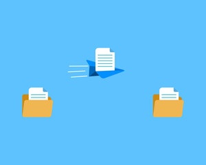 Fast file transfer concept with paper plane moving file frome folder to folder. Files folder and paper plan vector illustration