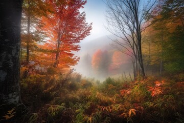 magical moment, with mist rising from the forest, and colorful autumn leaves peeking through, created with generative ai