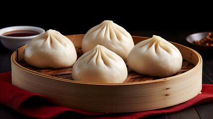 Chinese steamed dumplings in Rattan Basket Steaming Delights taste of authentic Chinese cuisine with our captivating stock photo showcasing steaming Chinese soup dumplings nestled in a charming rattan