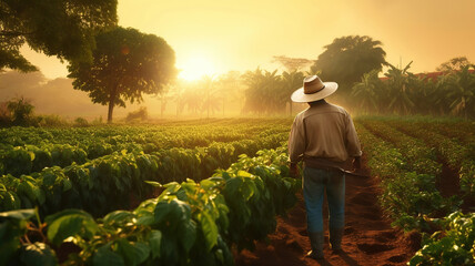 Farmer working on coffee field at sunset outdoor. Generative Ai