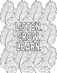 Motivational quote coloring page with a set of flowers and leaves with positive words for adults and kids