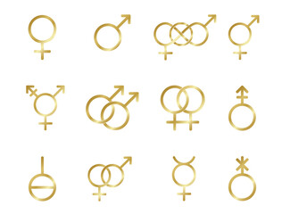 Set of golden gender and lgbtq+ icons including bisexual, gay, lesbian, transgender, gender fluid, male and female symbols for pride month.