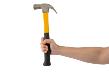 Hand with hammer on transparent background.