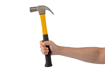 Hand with hammer on transparent background.
