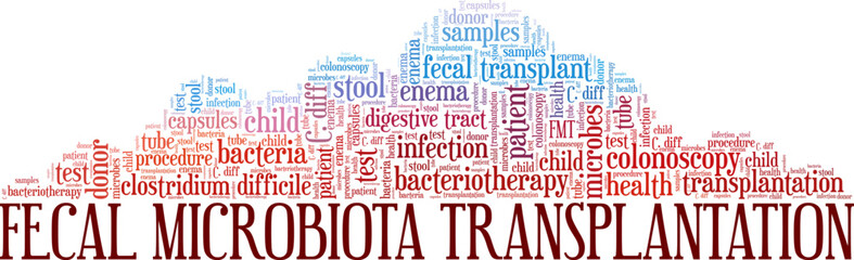 FMT - Fecal Microbiota Transplantation word cloud conceptual design isolated on white background.