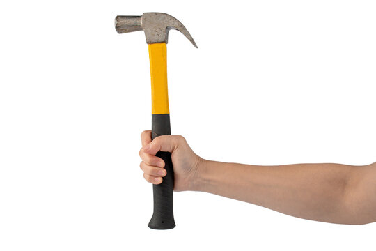 Hand with hammer on transparent background.