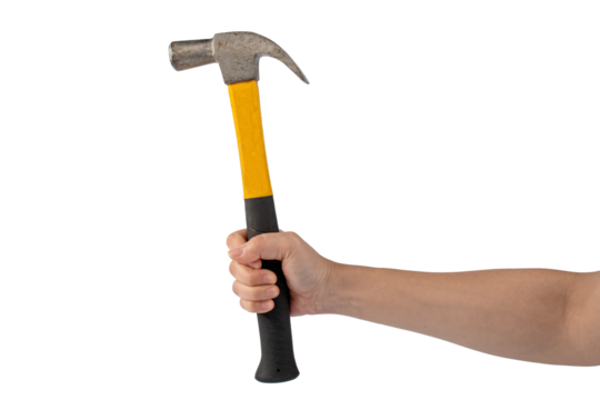 Hand with hammer on transparent background.