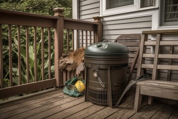 Obraz premium compost bin on the back porch with a bag of yard waste and tools nearby, created with generative ai