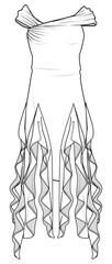 Bardot Off The Shoulder Frilled Dress, Party Dress Fashion Illustration, Vector, CAD, Technical Drawing, Flat Drawing, Template, Mockup.