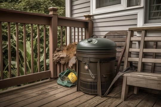 compost bin on the back porch with a bag of yard waste and tools nearby, created with generative ai