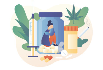 International day against drug abuse. Say no to drug. Addiction treatment, narcotic addict medication. Problem addiction. Woman addicted to prescription drugs pills. Modern flat cartoon style. Vector