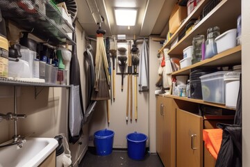 cleaning supplies closet, with mop, bucket, and other tools hanging on the wall, created with generative ai