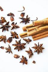 Dried star anise and cinnamon sticks natural herbal spices seasoning.