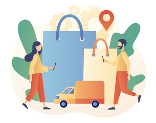 Online shopping store. Tiny people place orders on Internet. Sale, product order and delivery of goods. Business marketing. Modern flat cartoon style. Vector illustration on white background