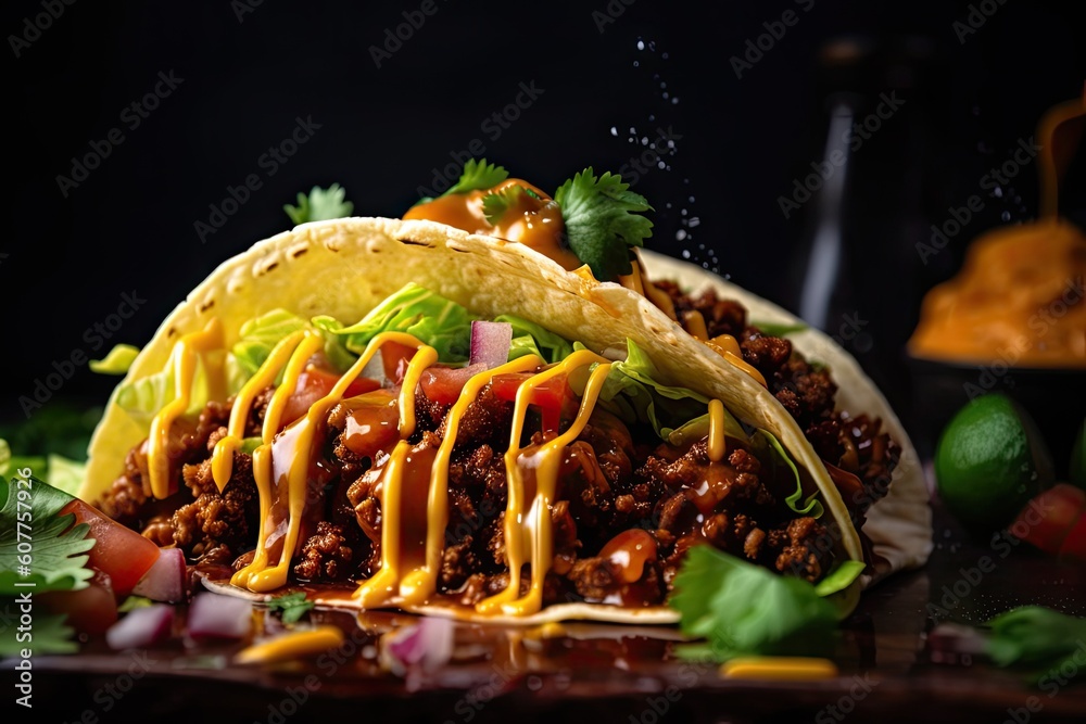 Poster close-up of juicy taco, with fillings spilling out, created with generative ai