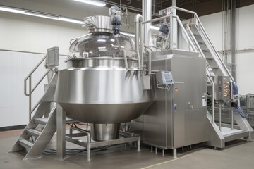 large-scale commercial mixer and processor, processing ingredients for large batch of product, created with generative ai
