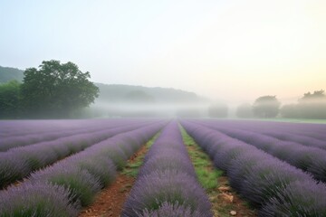 lavender field in the morning, with mist rising off the fields, created with generative ai