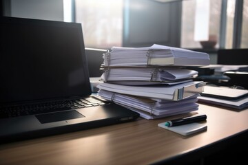 close-up of laptop with files and papers on desk, created with generative ai