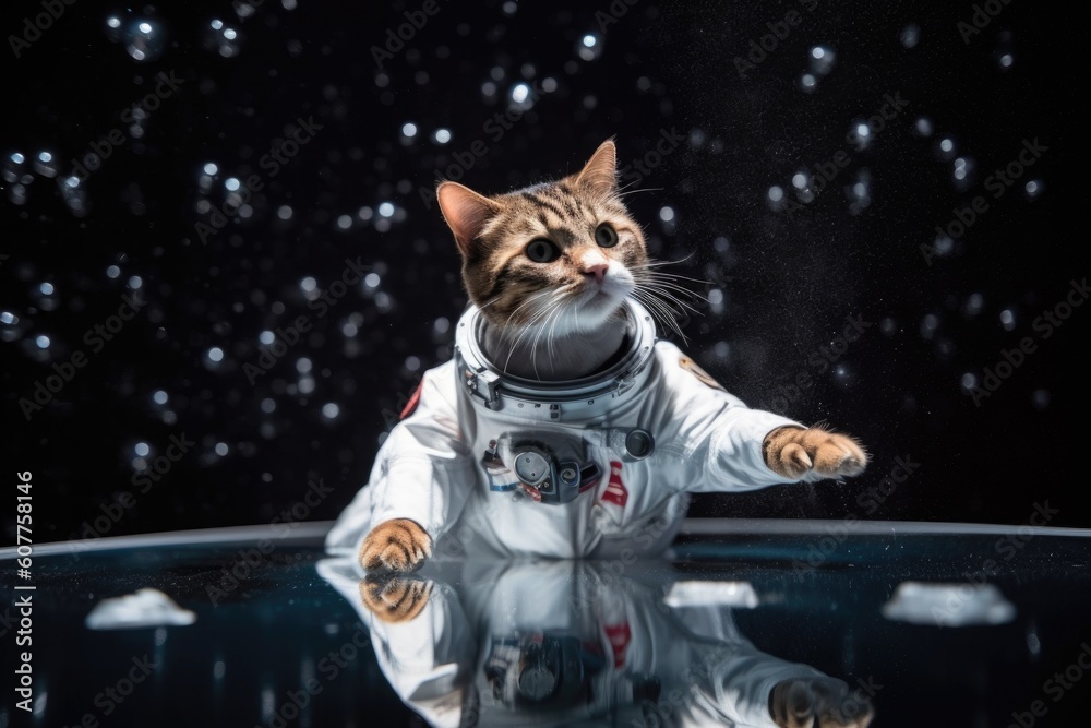 Wall mural feline astronaut floating in weightless environment, with view of starry sky visible in the backgrou