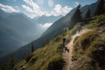 Fototapeta na wymiar bikers ascending steep mountain trail, with view of breathtaking scenery, created with generative ai