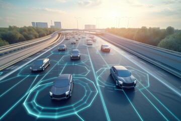 smart highway with automated, connected vehicles that communicate with each other and the road infrastructure, created with generative ai