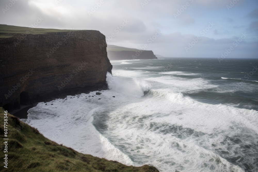 Wall mural majestic cliff with crashing waves and rolling surf visible in the distance, created with generative ai