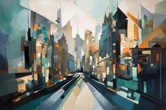 cubist painting of a cityscape, with blurred skyscrapers and busy streets, created with generative ai