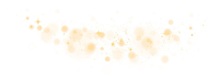 Golden shining bokeh lights with glowing particles on transparent background. PNG.