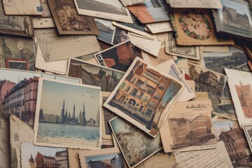 a collage of vintage travel postcards, each with its own story to tell, created with generative ai