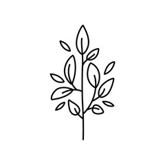 Twig with leaves. Black contour silhouette of a plant. Clipart.