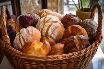 basket of freshly baked artisan breads, ready to be enjoyed, created with generative ai