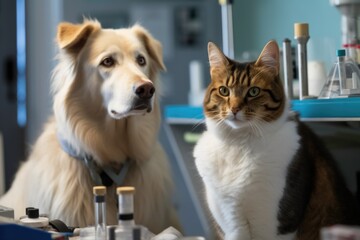 feline scientists plotting the next step in their groundbreaking research while canine counterpart takes notes, created with generative ai