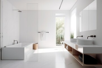 Obraz na płótnie Canvas a white, minimalist bathroom with simple accessories and sleek fixtures, created with generative ai