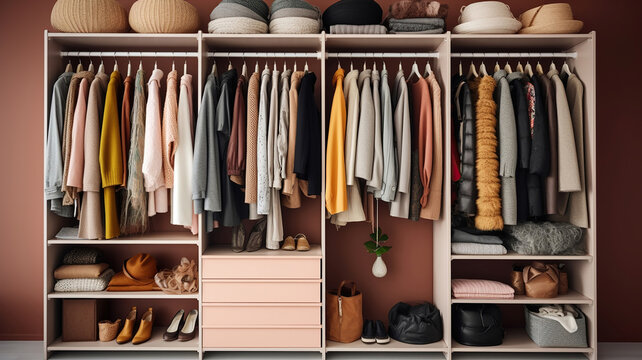Big wardrobe with different clothes for dressing room. Generative Ai