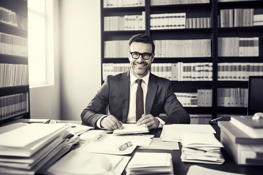 An elegant man in a suit sitting behind a desk. AI generativ.