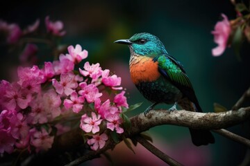 colorful bird resting on tree branch, surrounded by blooming flowers, created with generative ai