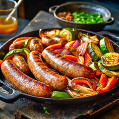 Sausages on the grill next to grilled vegetables. Ai generativ.