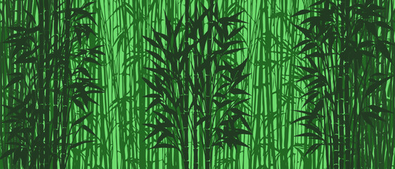Vector graphic dense green bamboo forest. Natural wide banner. Wallpaper or background.