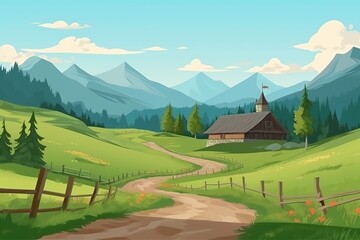 countryside in the mountains. a road that goes through old houses and green fields in a mountainous area. generative ai,