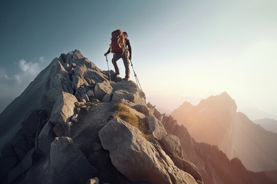 Hiking with mountain equipment on top of the mountain. Travel concept. generative ai,