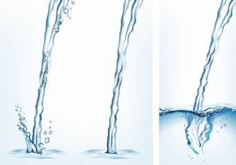 Collection of transparent realistic vector  water jet streams and splashes on light background
 - obrazy, fototapety, plakaty